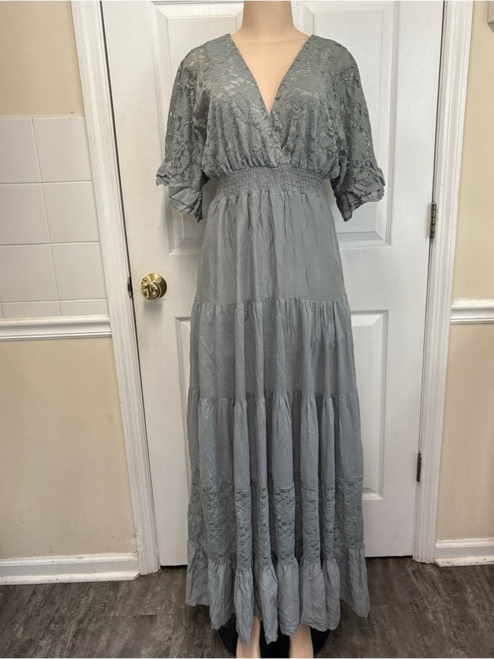 Dress Day Sage Green Lace Tiered Maxi Dress Size M V-Neck Smocked Waist Boho